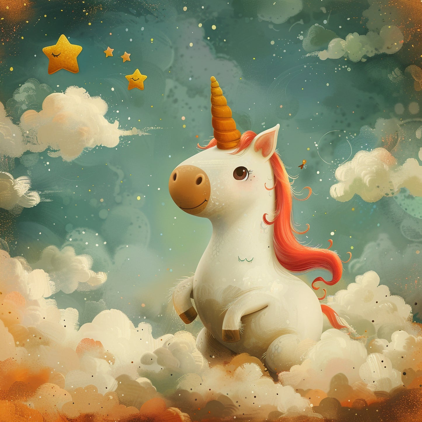 Adorable Unicorn among Fluffy Clouds with Golden Stars