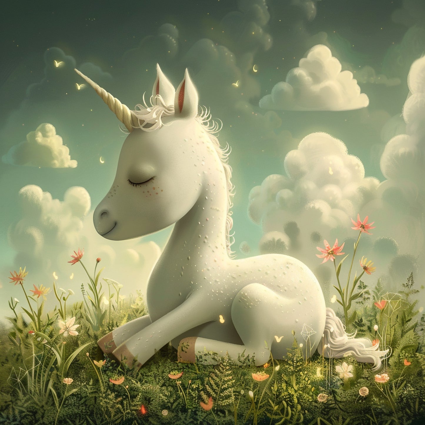 Enchanted Unicorn Sitting Peacefully in Magical Meadow