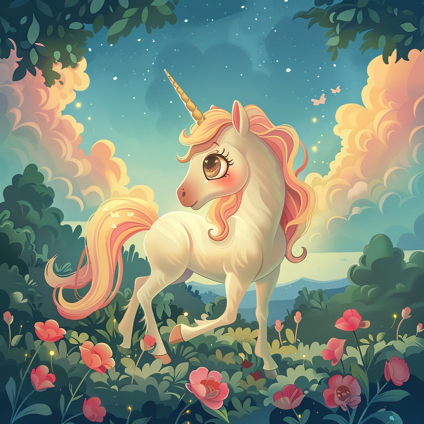 Enchanted Unicorn in Magical Flower Field at Dusk
