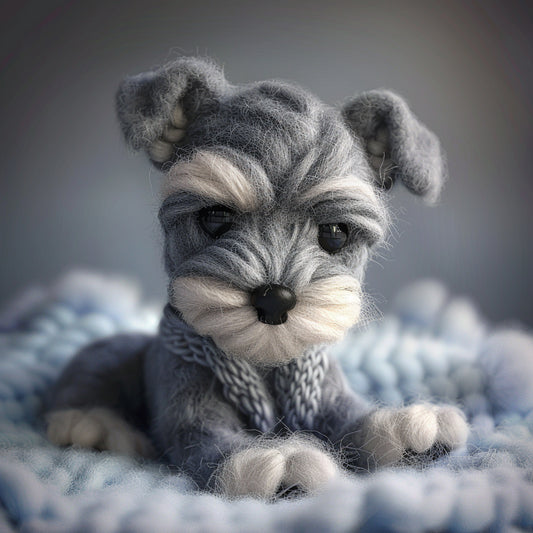 Handmade Needle Felted Miniature Schnauzer Dog on Cozy Blanket