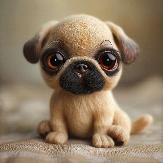 Handmade Needle Felted Pug Dog in an Isometric Pose