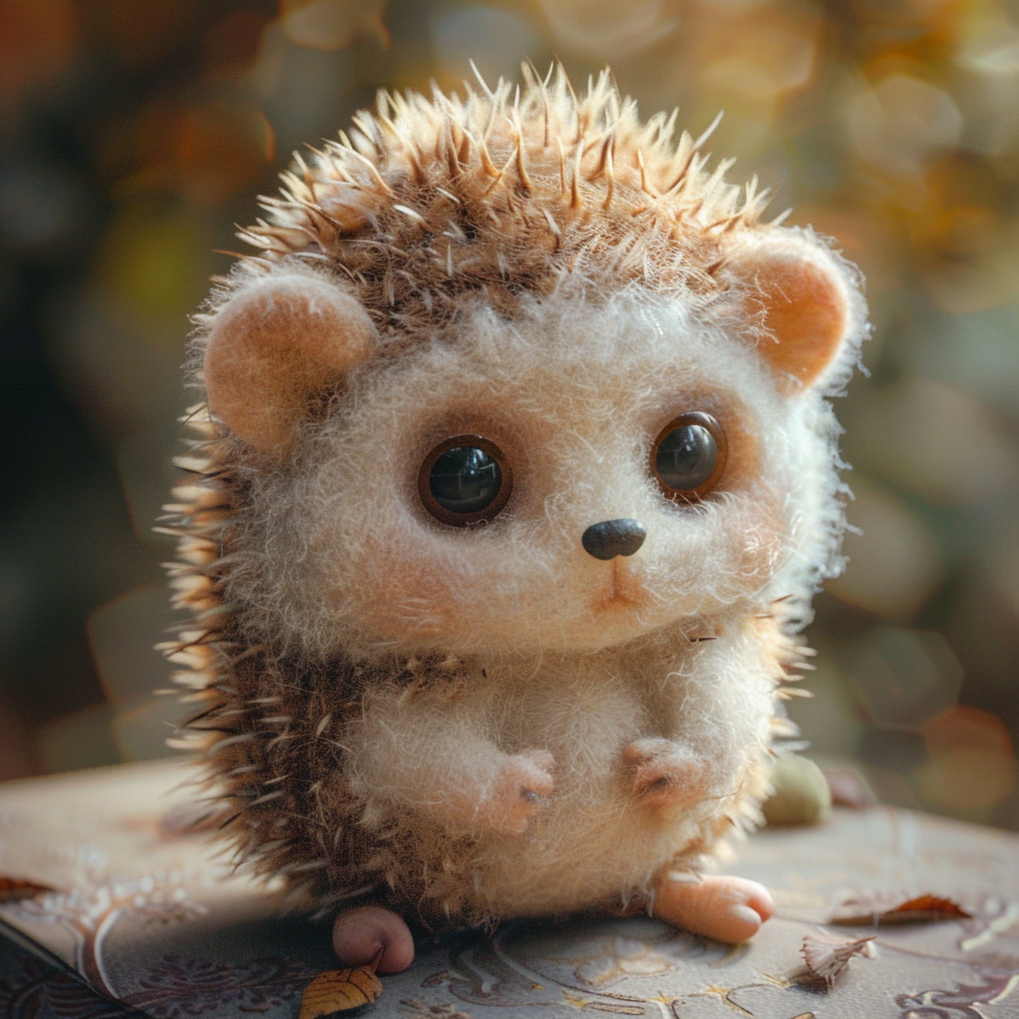Handcrafted Needle Felted Hedgehog on Elegant Fabric