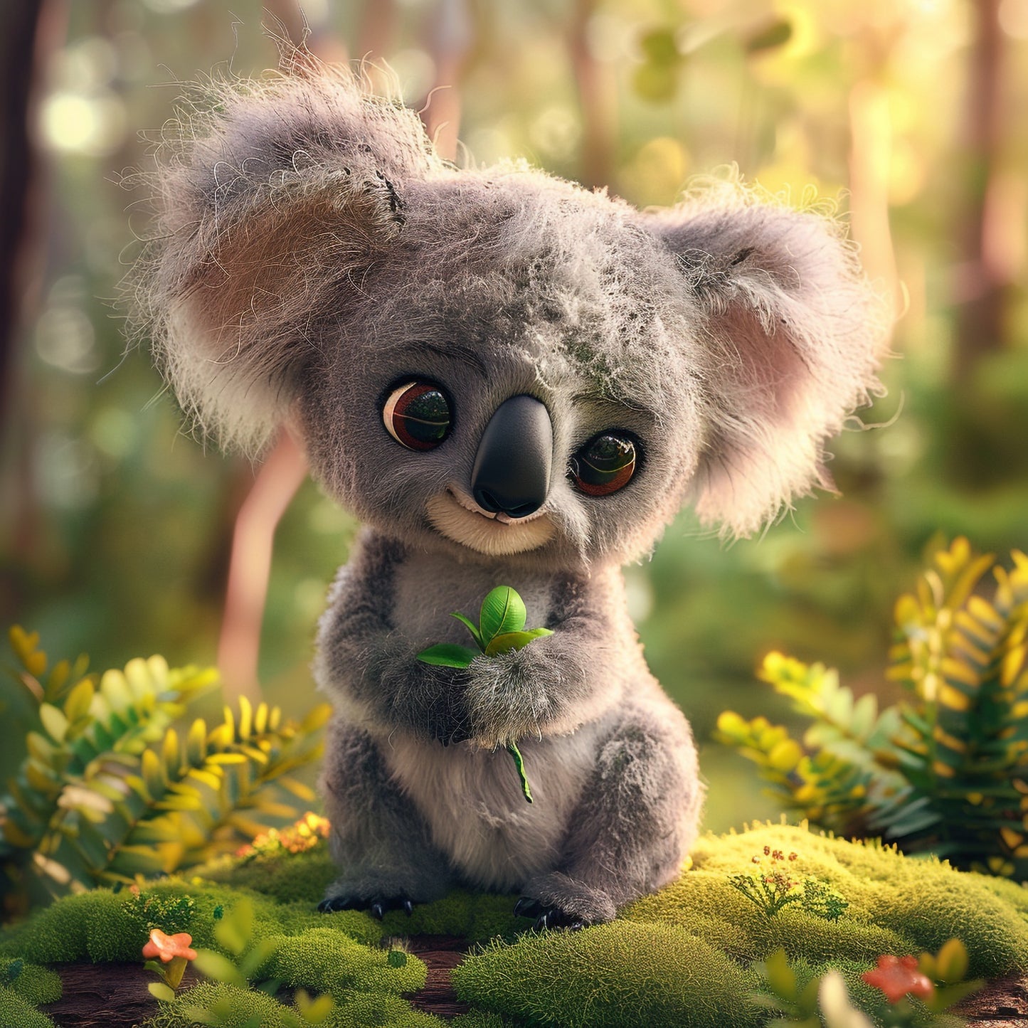 Smiling Needle Felted Koala Holding a Leaf in Nature