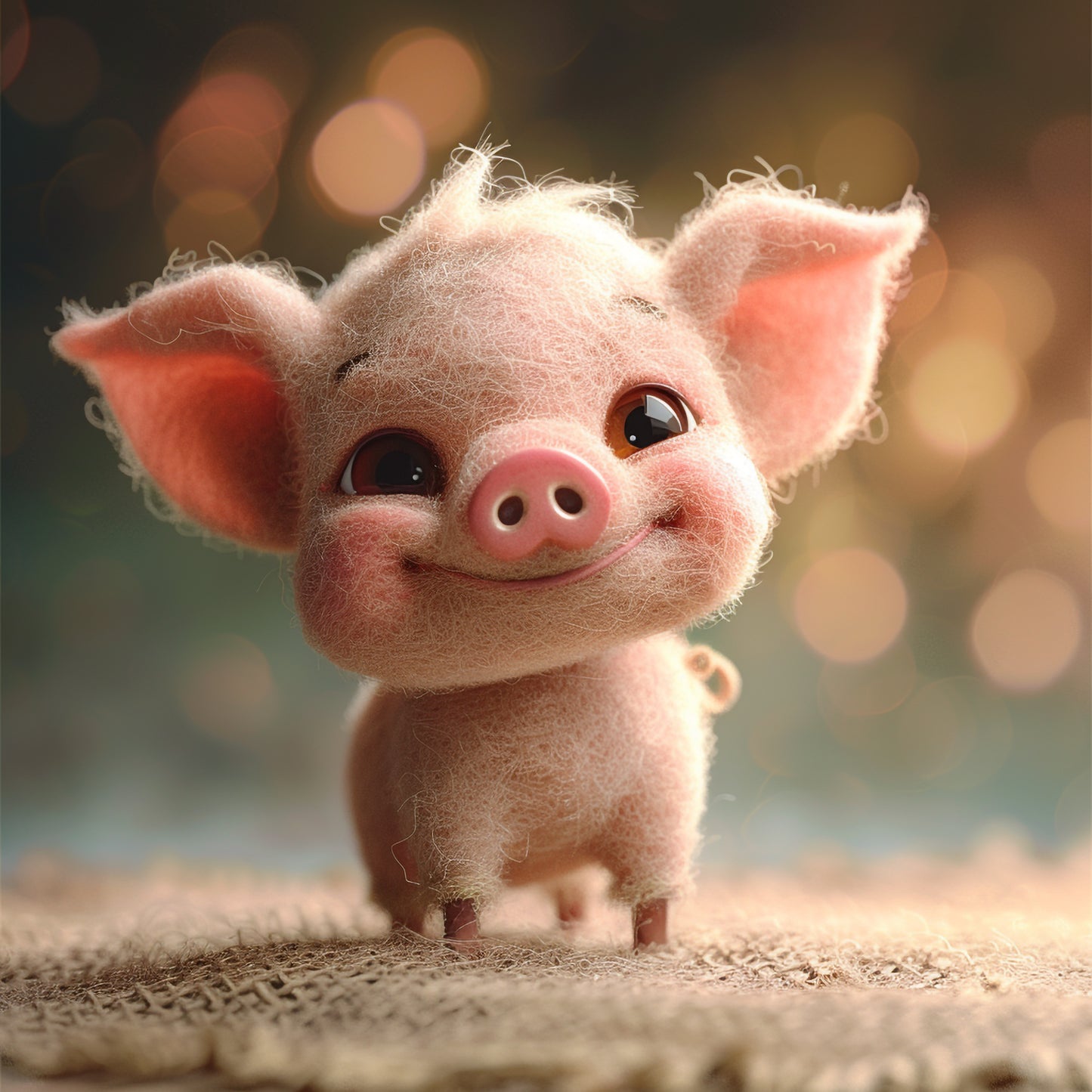 Adorable Needle Felted Smiling Piglet with Sparkling Eyes