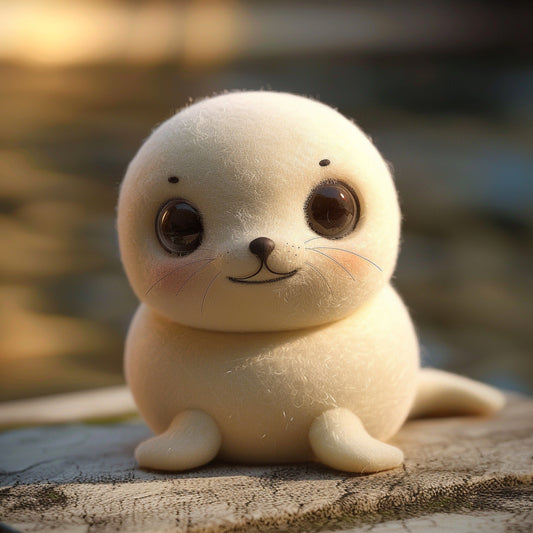Handmade Needle-Felted Smiling Seal Pup on Wooden Surface