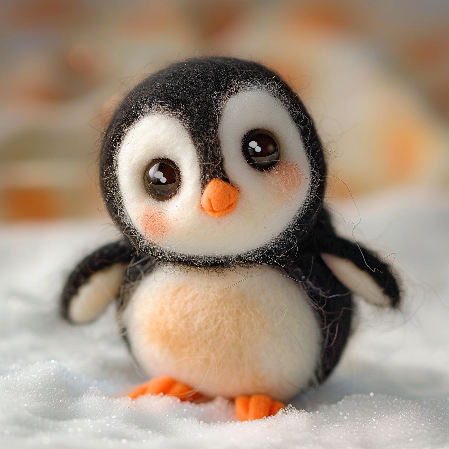 Adorable Needle Felted Penguin on a Snowy Background