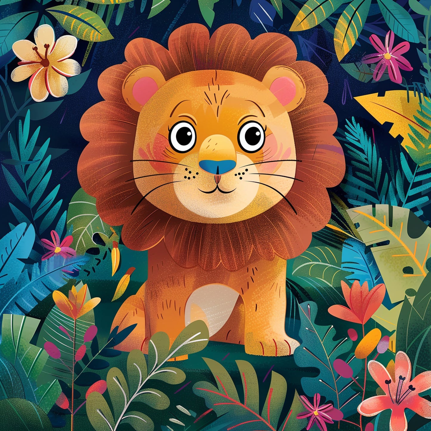 Friendly Cartoon Lion in a Vibrant Jungle Illustration
