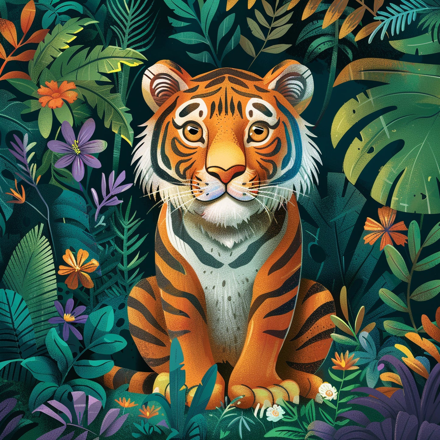 Serene Tiger Amidst Lush Jungle Foliage Illustration