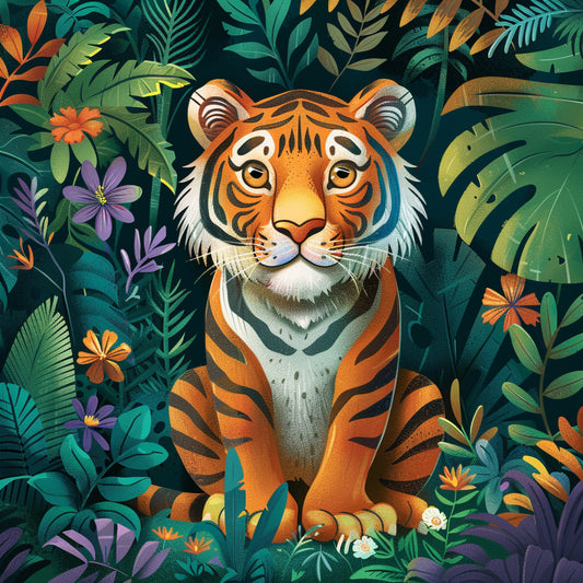 Serene Tiger Amidst Lush Jungle Foliage Illustration